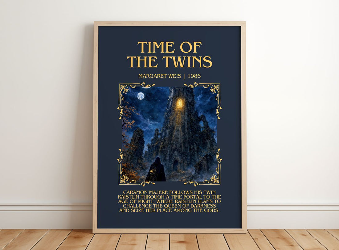 Time of the Twins Minimalist Book Poster by Margaret Weis – framed print leaning on a wooden floor