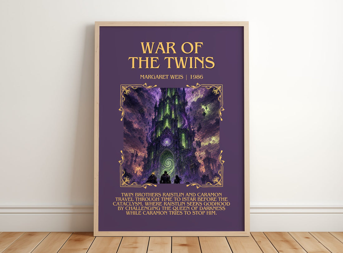 War of the Twins Minimalist Book Poster by Margaret Weis – framed print leaning on a wooden floor