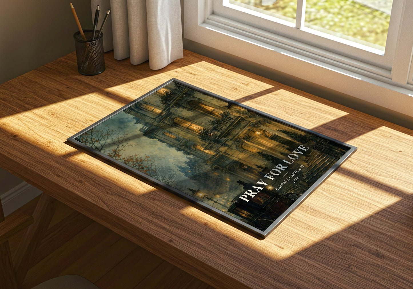 Pray For Love watercolour book poster framed on wall – romance wall art