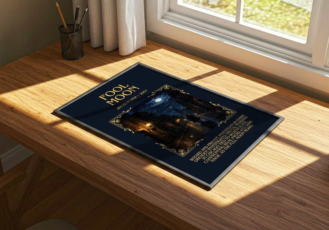 Fool Moon Minimalist Book Poster by Jim Butcher – print on a sunlit desk
