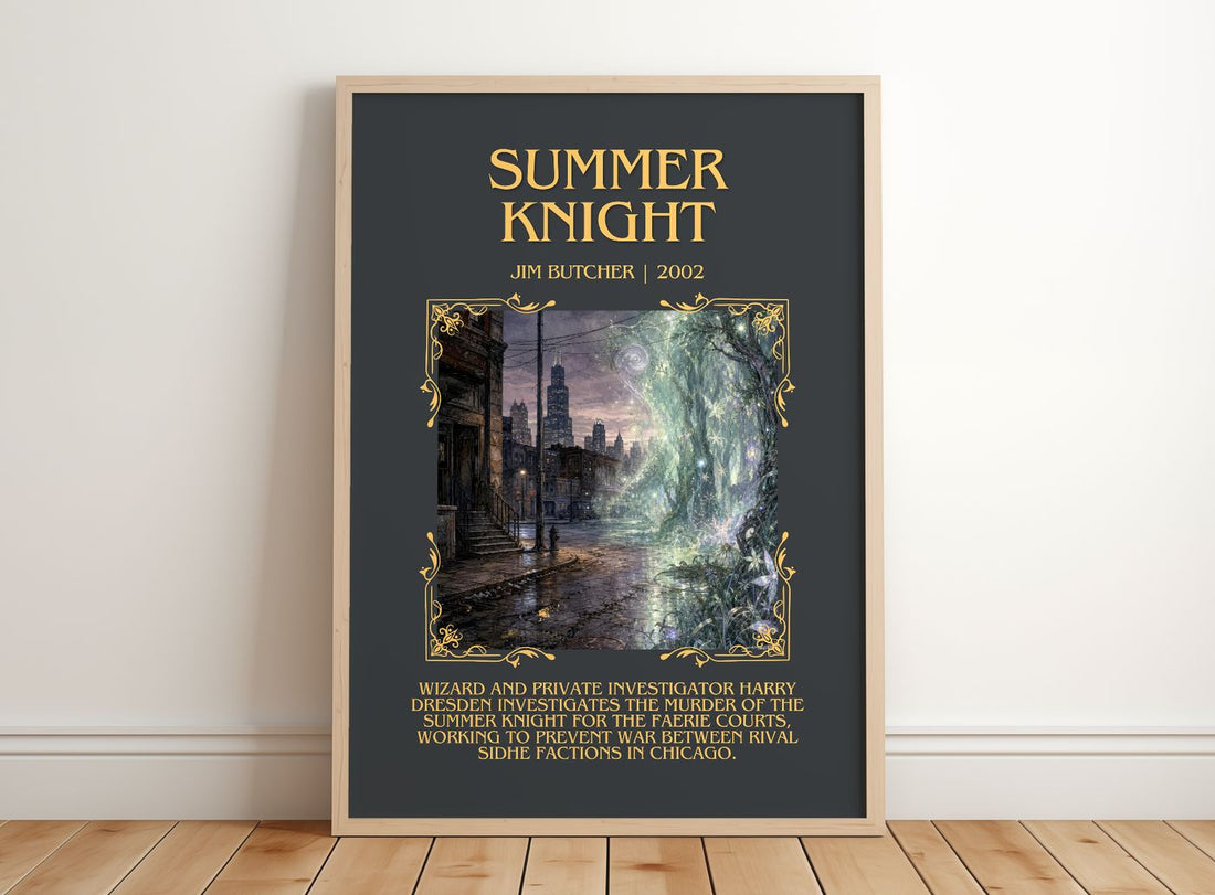 Summer Knight Minimalist Book Poster by Jim Butcher – framed print leaning on a wooden floor