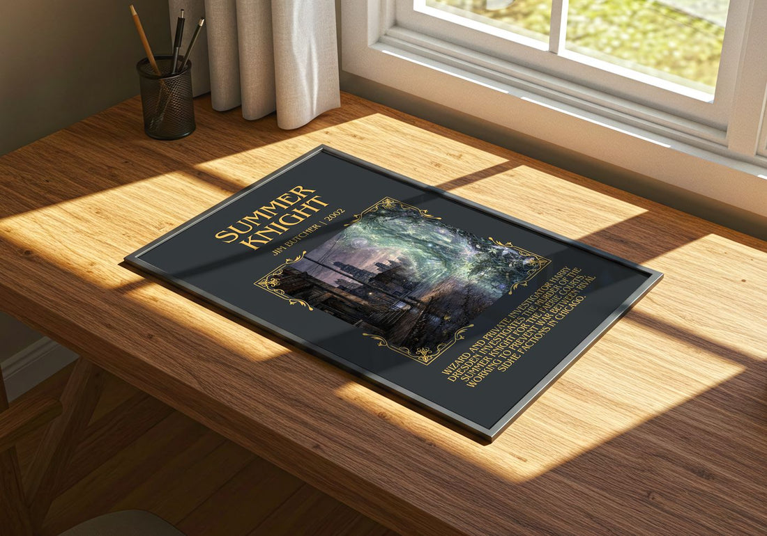 Summer Knight Minimalist Book Poster by Jim Butcher – print on a sunlit desk