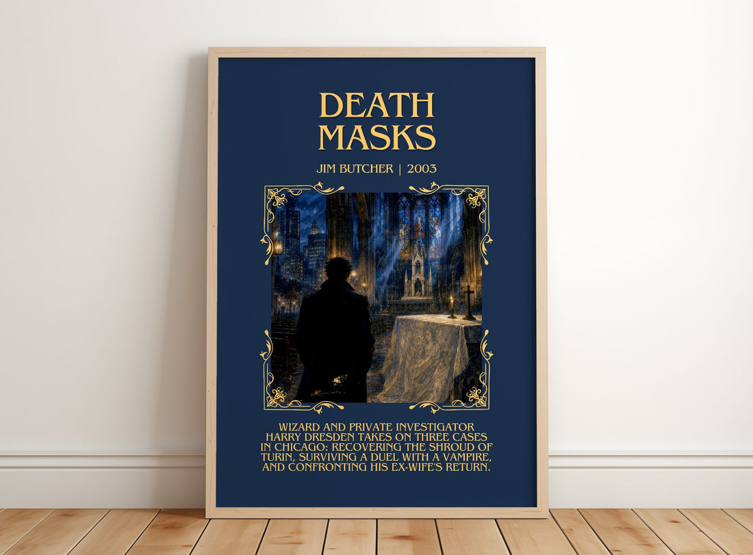 Death Masks Minimalist Book Poster by Jim Butcher – framed print leaning on a wooden floor