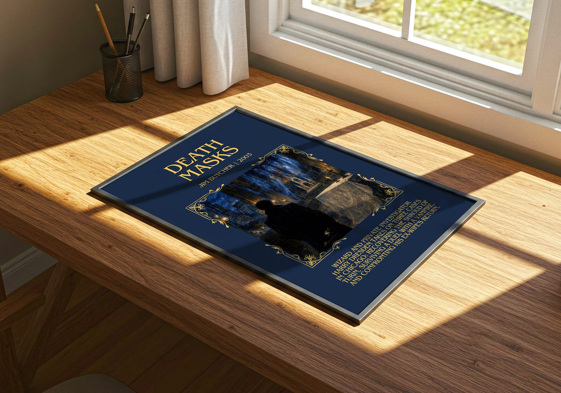 Death Masks Minimalist Book Poster by Jim Butcher – print on a sunlit desk