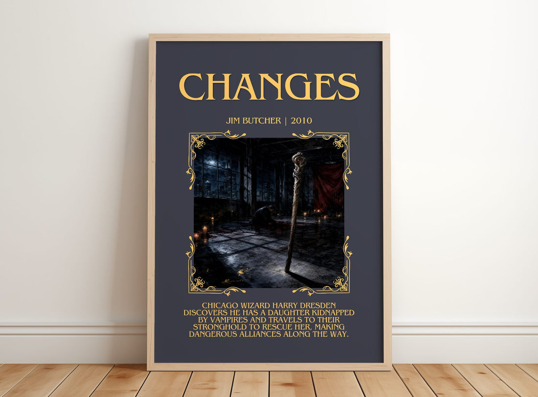 Changes Minimalist Book Poster by Jim Butcher – framed print leaning on a wooden floor