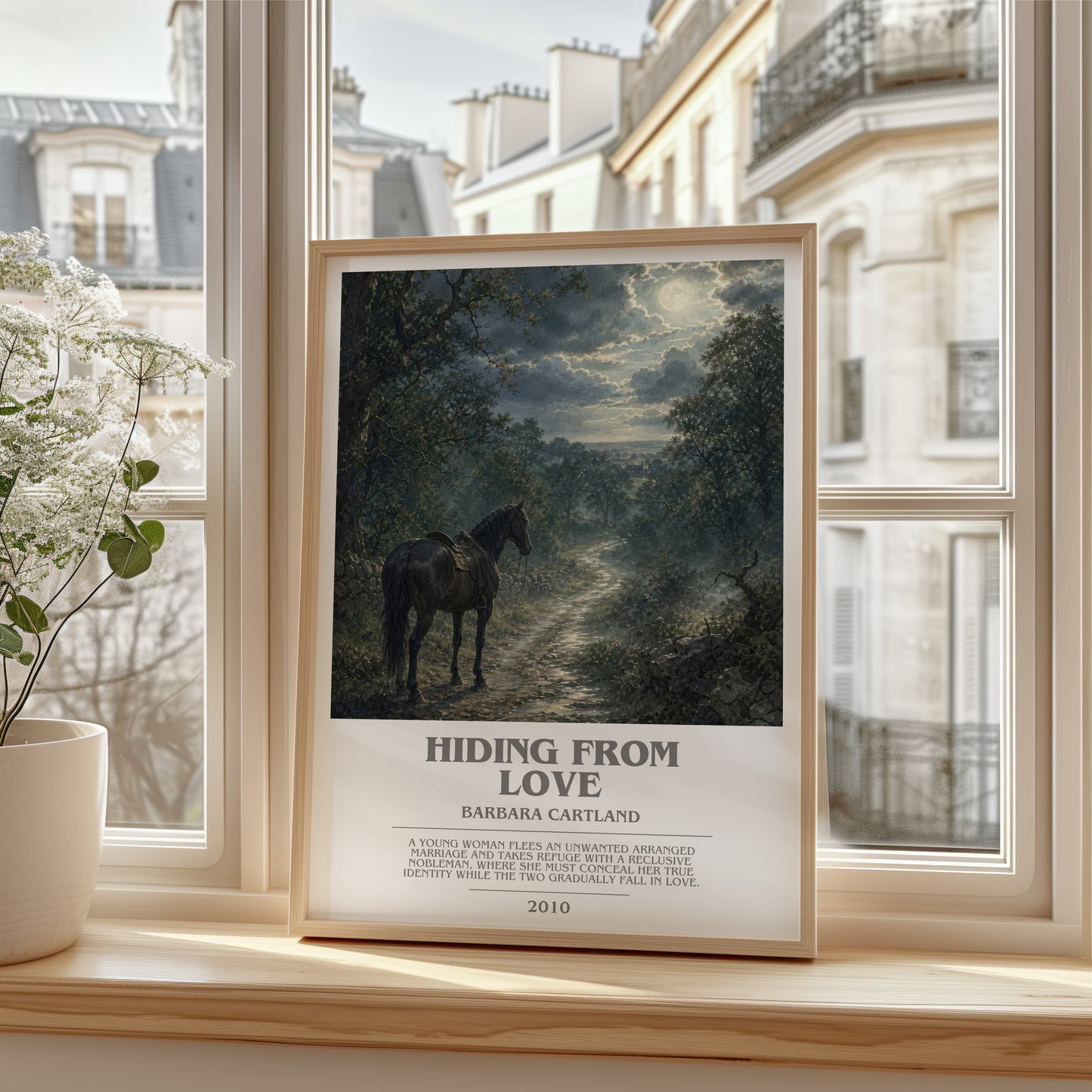 Hiding From Love bookish poster colour and style options – Barbara Cartland book art