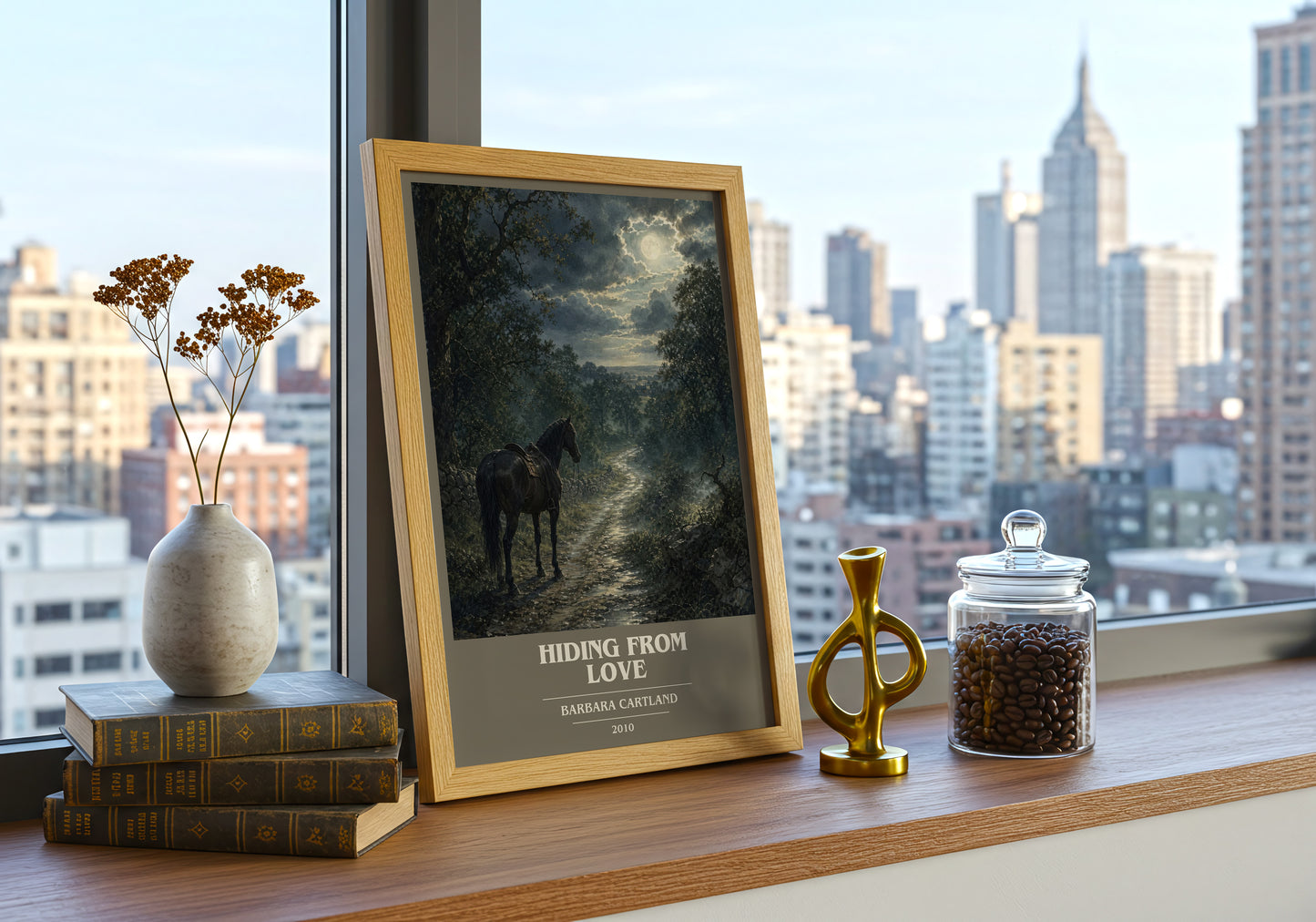 Hiding From Love book cover print framed by window – literary home decor
