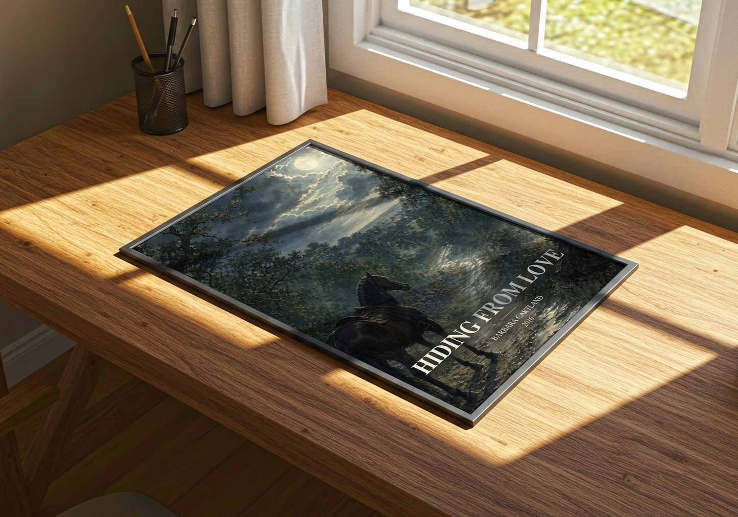 Hiding From Love watercolour book poster framed on wall – romance wall art