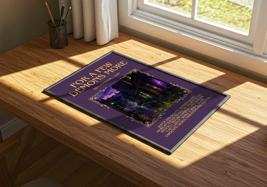 For a Few Demons More Minimalist Book Poster by Kim Harrison – print on a sunlit desk