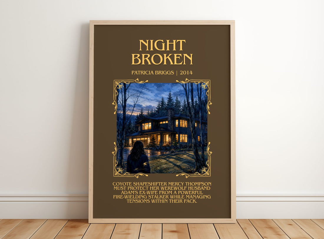 Night Broken Minimalist Book Poster by Patricia Briggs – framed print leaning on a wooden floor