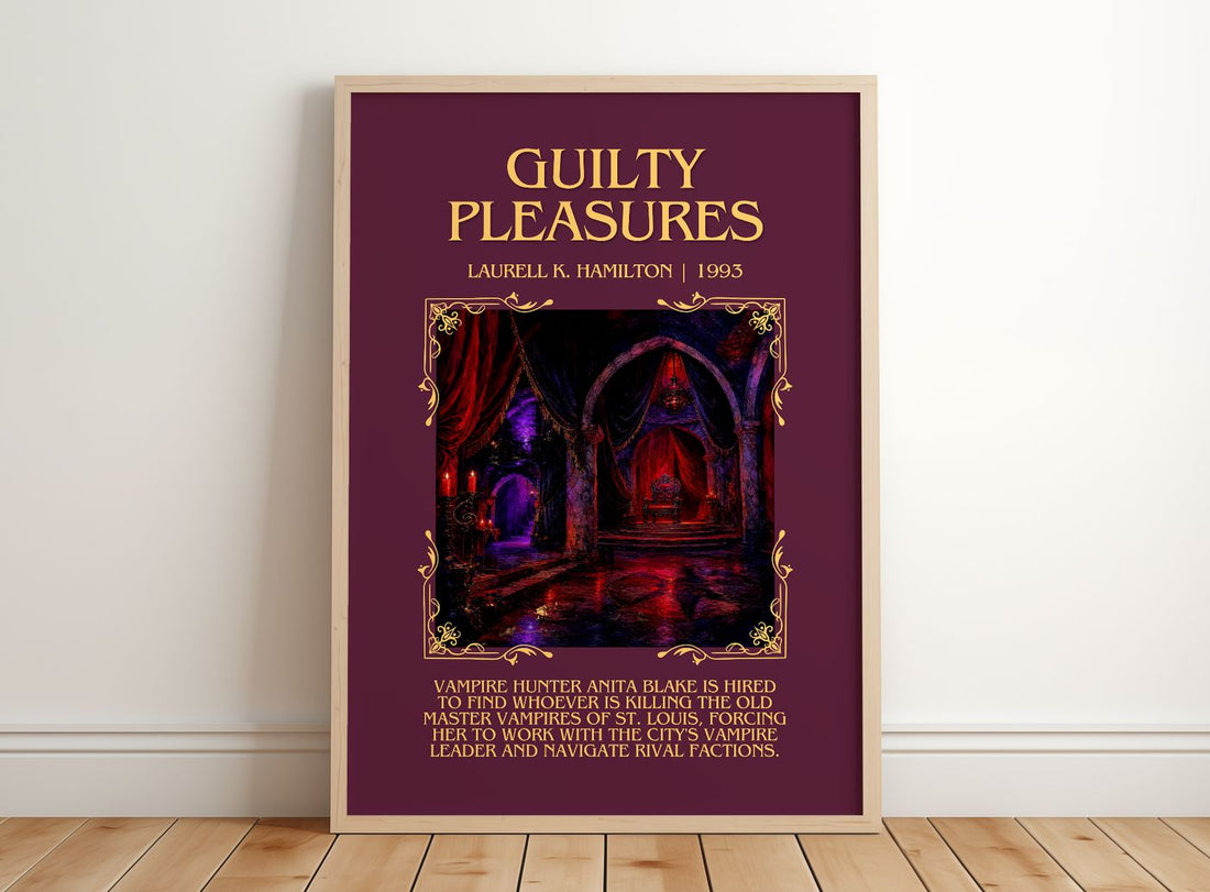 Guilty Pleasures Minimalist Book Poster by Laurell K. Hamilton – framed print leaning on a wooden floor