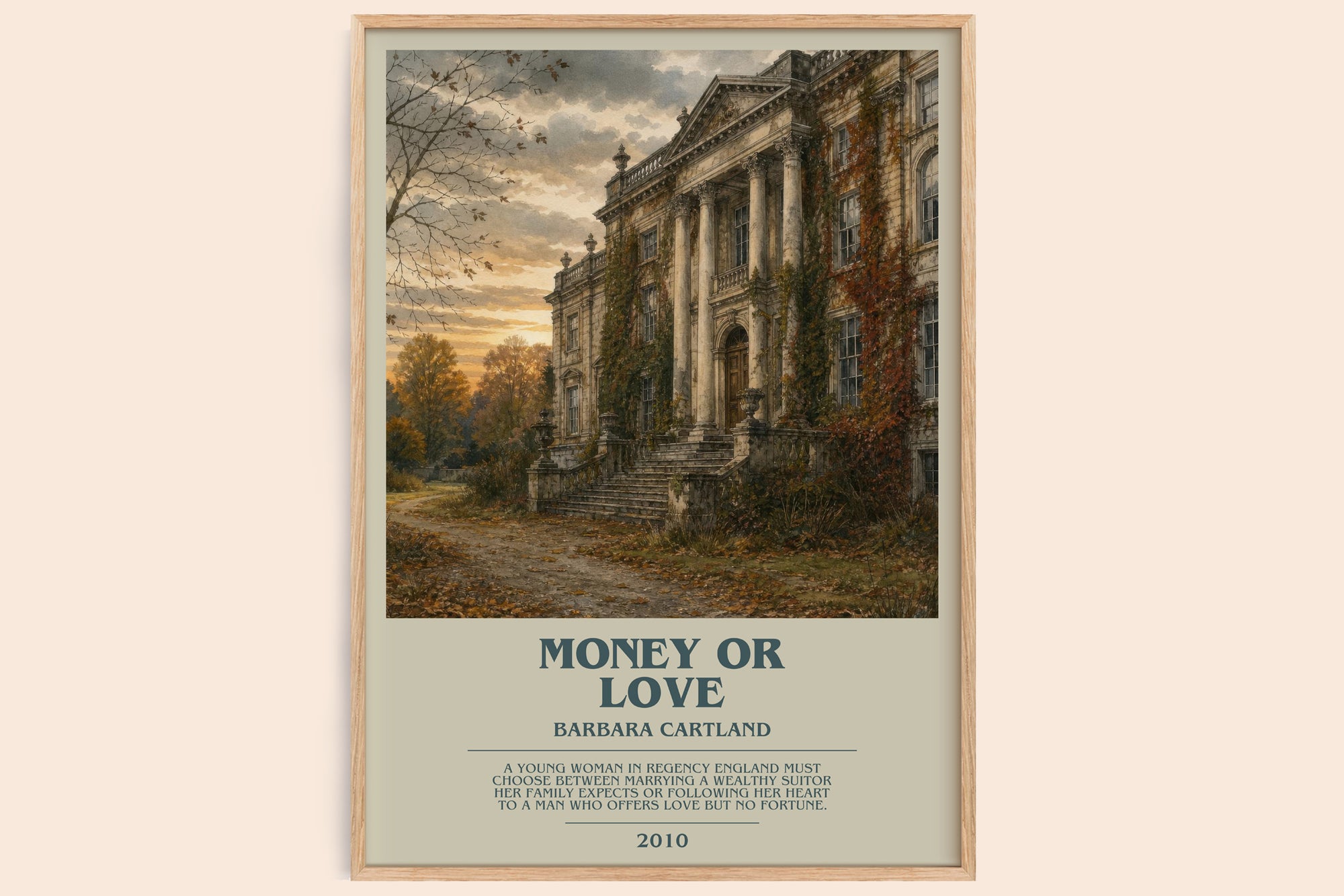 Money Or Love bookish book poster by Barbara Cartland – framed literary art print