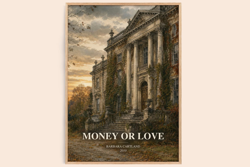 Money Or Love watercolour book poster by Barbara Cartland – framed literary art print