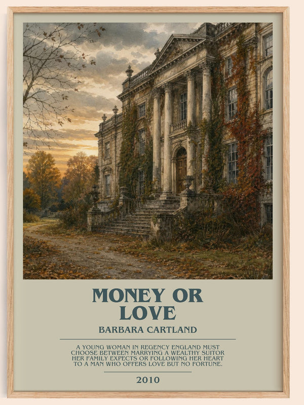 Money Or Love bookish book poster by Barbara Cartland – framed literary art print