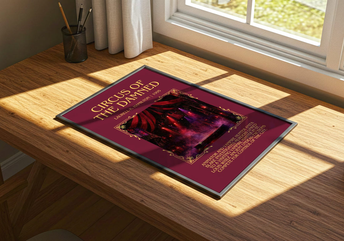 Circus of the Damned Minimalist Book Poster by Laurell K. Hamilton – print on a sunlit desk