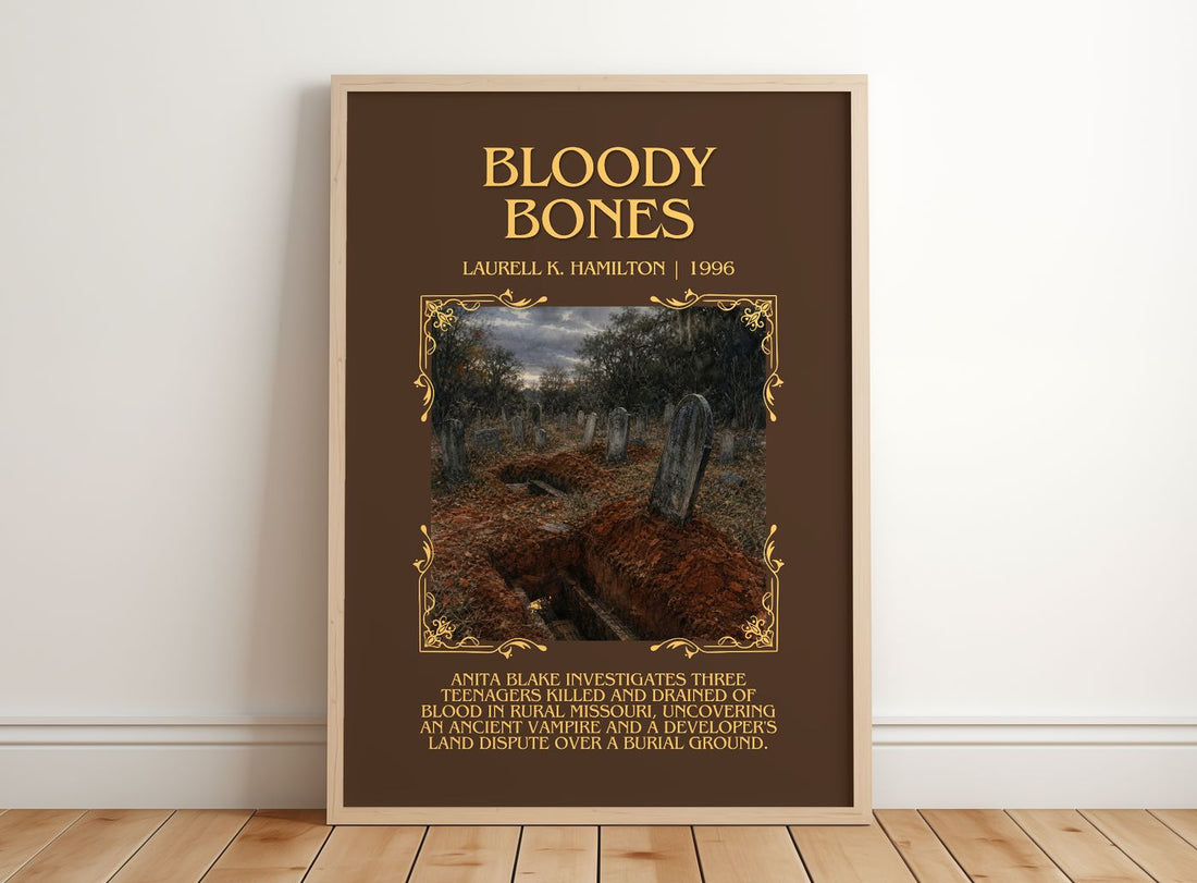 Bloody Bones Minimalist Book Poster by Laurell K. Hamilton – framed print leaning on a wooden floor