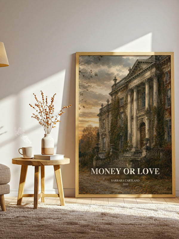 Money Or Love watercolour print in frame leaning in hallway – romance wall art