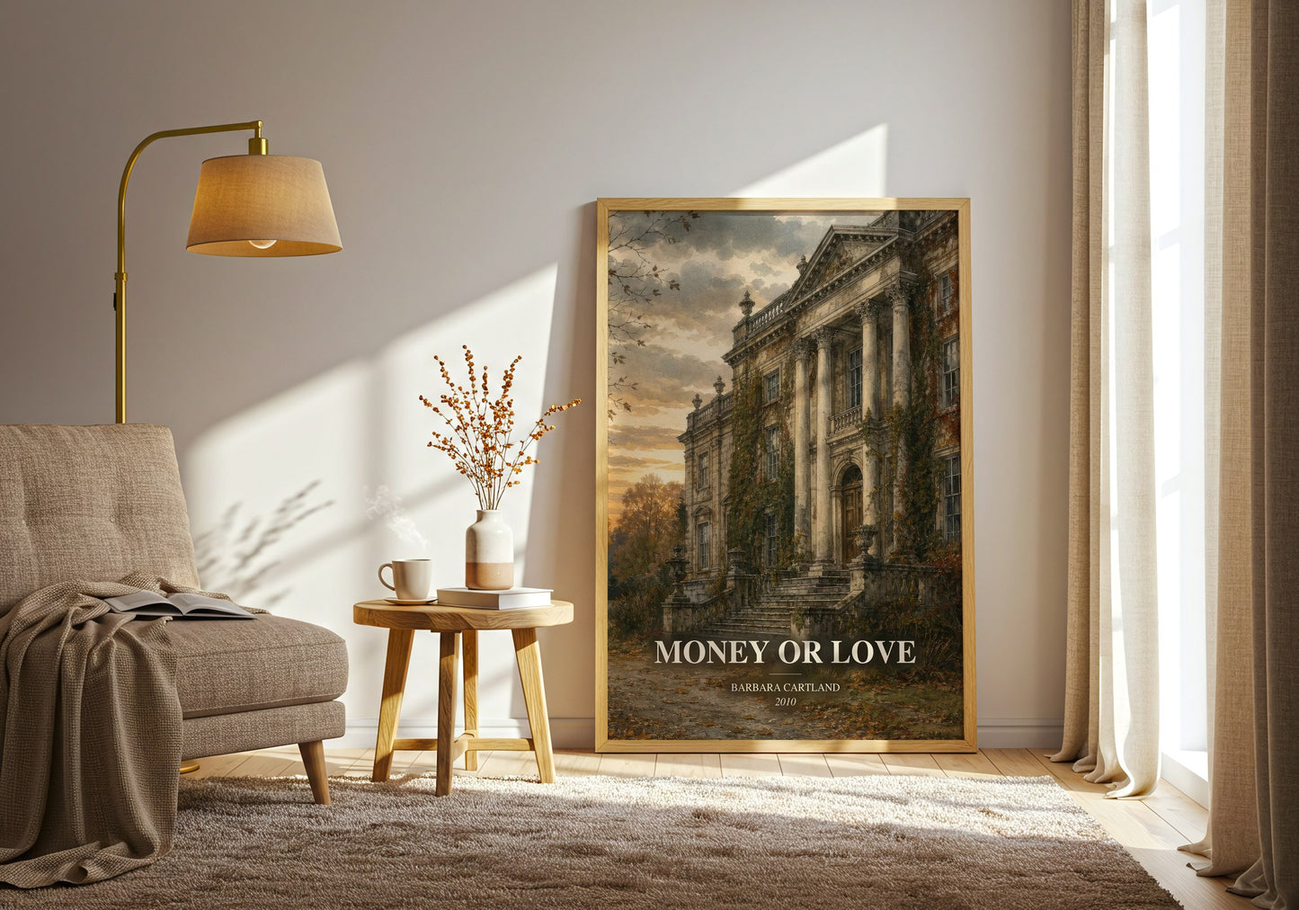 Money Or Love watercolour print in frame leaning in hallway – romance wall art