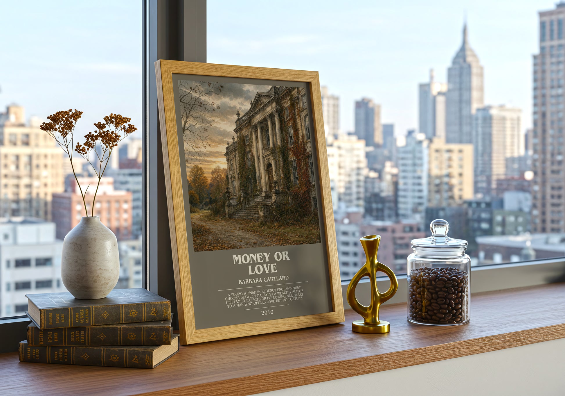 Money Or Love bookish print framed by window – literary home decor