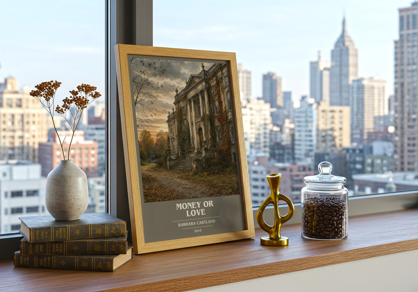 Money Or Love book cover print framed by window – literary home decor