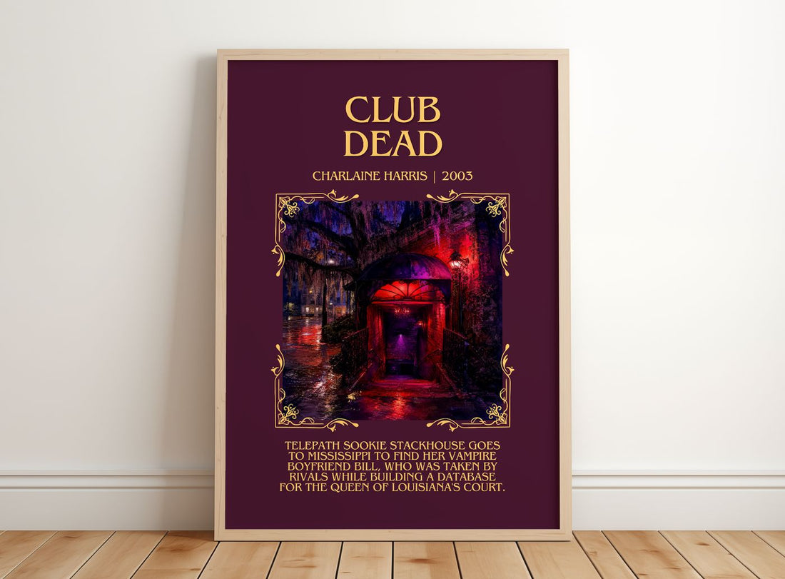 Club Dead Minimalist Book Poster by Charlaine Harris – framed print leaning on a wooden floor