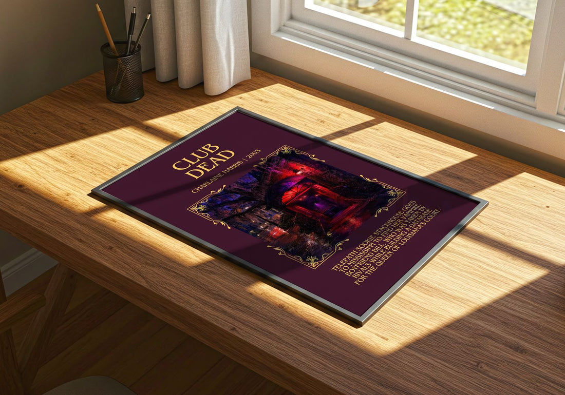 Club Dead Minimalist Book Poster by Charlaine Harris – print on a sunlit desk