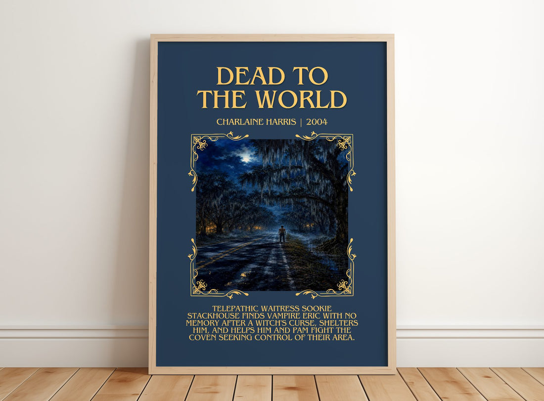 Dead to the World Minimalist Book Poster by Charlaine Harris – framed print leaning on a wooden floor