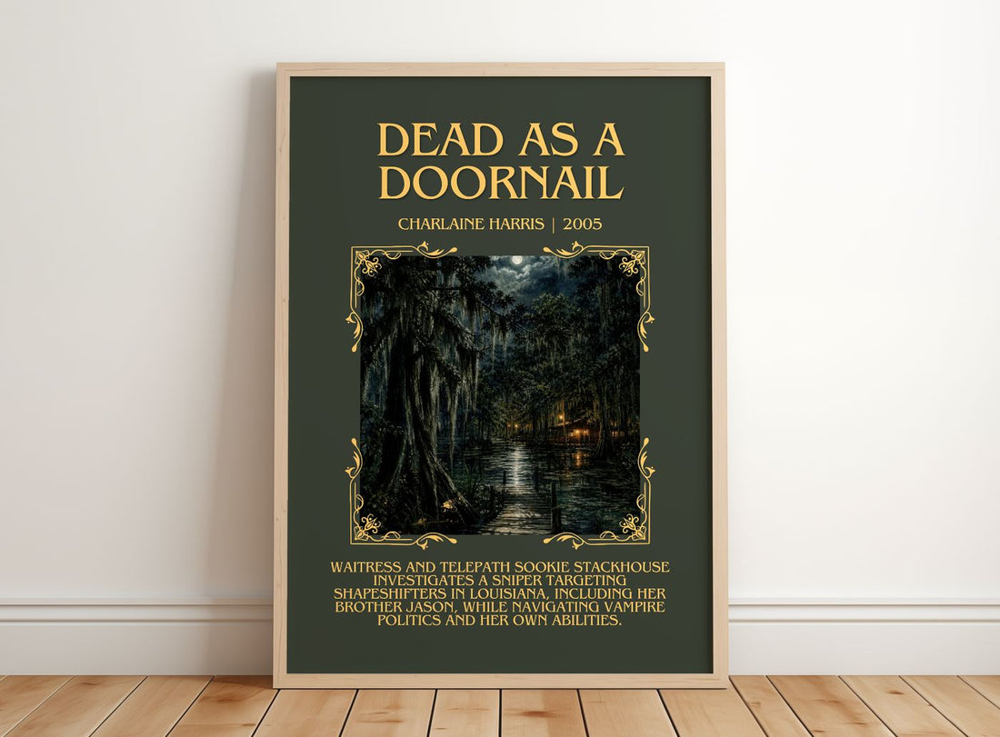 Dead as a Doornail Minimalist Book Poster by Charlaine Harris – framed print leaning on a wooden floor