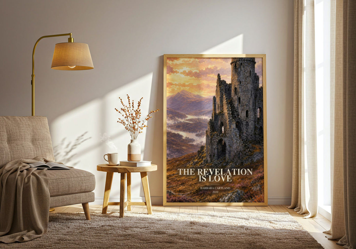 The Revelation Is Love watercolour print in frame leaning in hallway – romance wall art