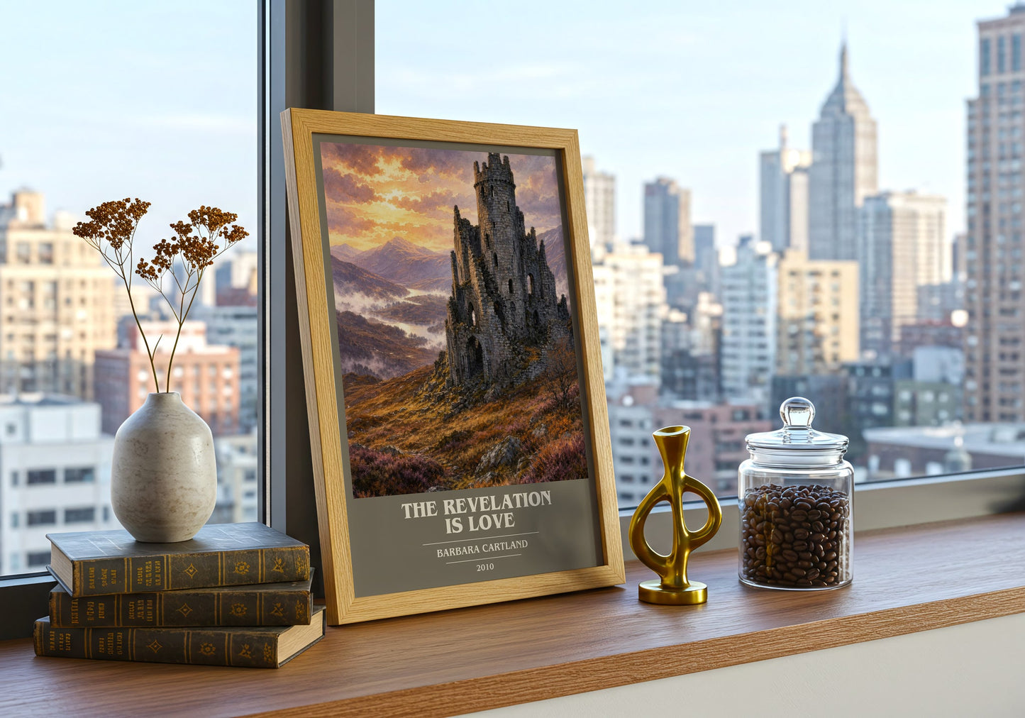 The Revelation Is Love book cover print framed by window – literary home decor