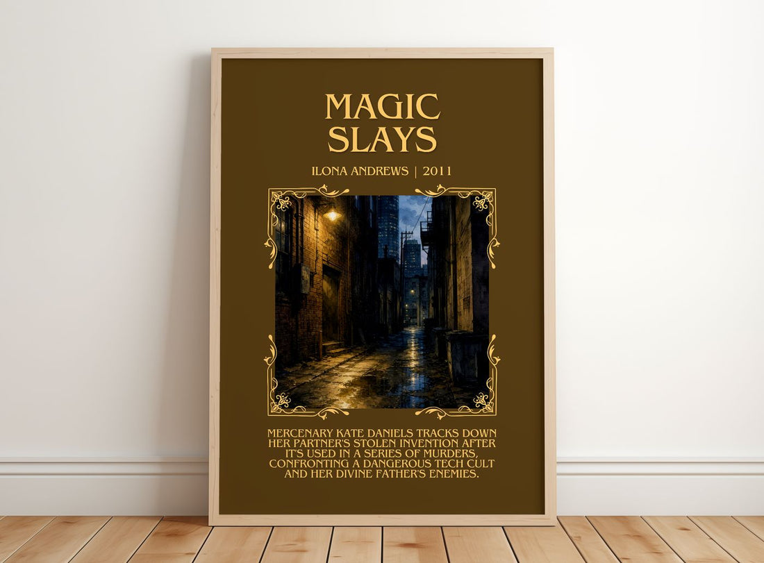 Magic Slays Minimalist Book Poster by Ilona Andrews – framed print leaning on a wooden floor