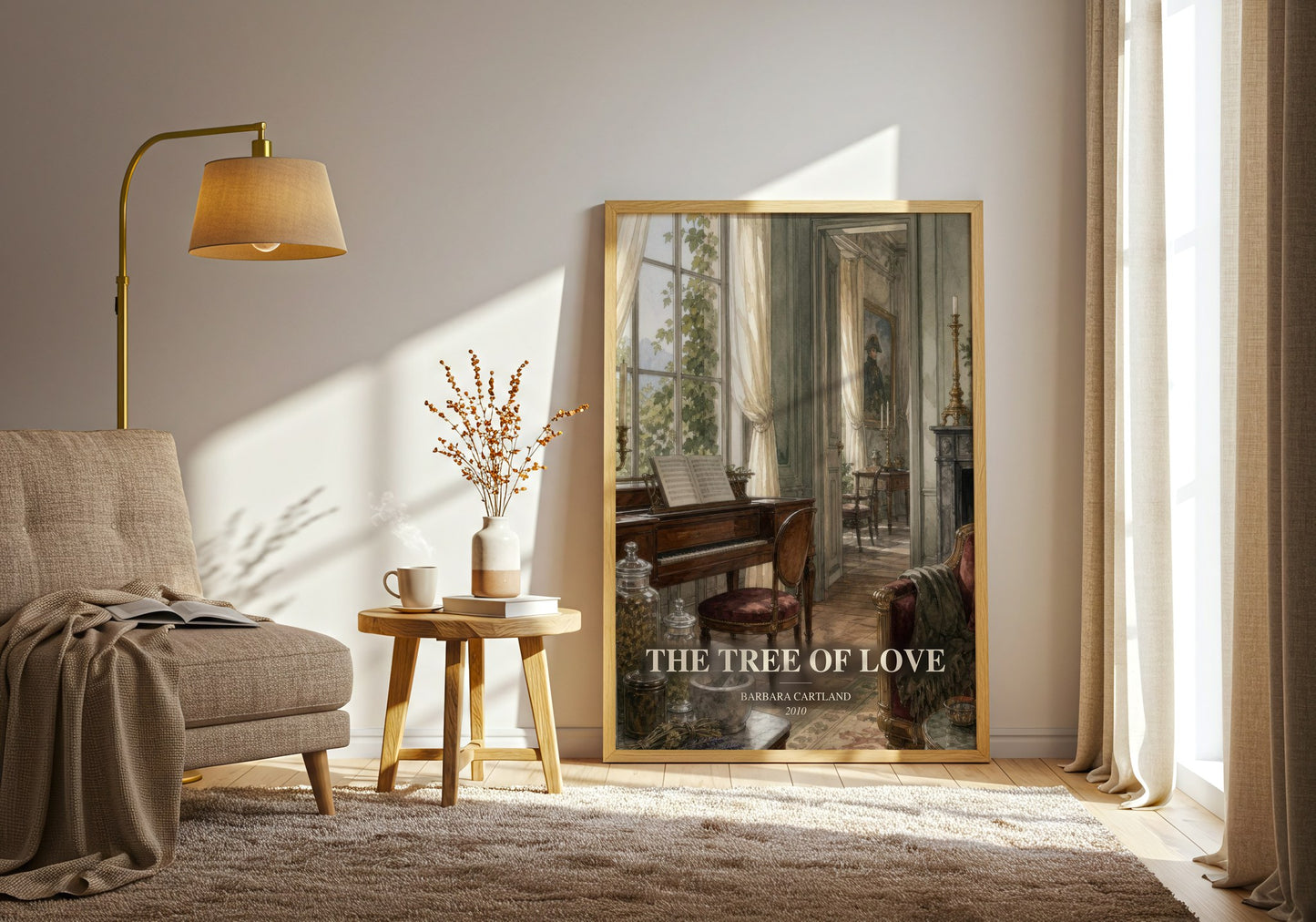 The Tree Of Love watercolour print in frame leaning in hallway – romance wall art