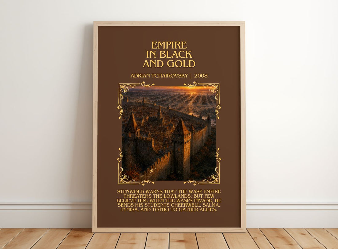 Empire in Black and Gold Minimalist Book Poster by Adrian Tchaikovsky – framed print leaning on a wooden floor