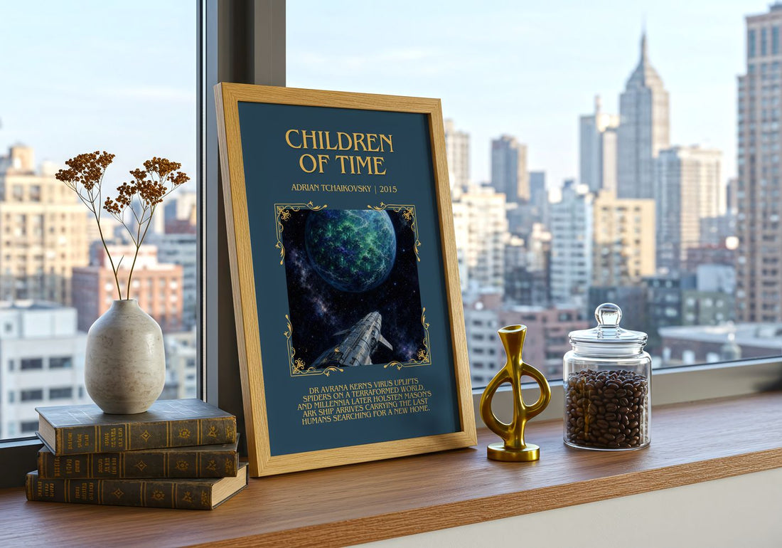 Children of Time Minimalist Book Poster by Adrian Tchaikovsky – framed print on a city-view windowsill