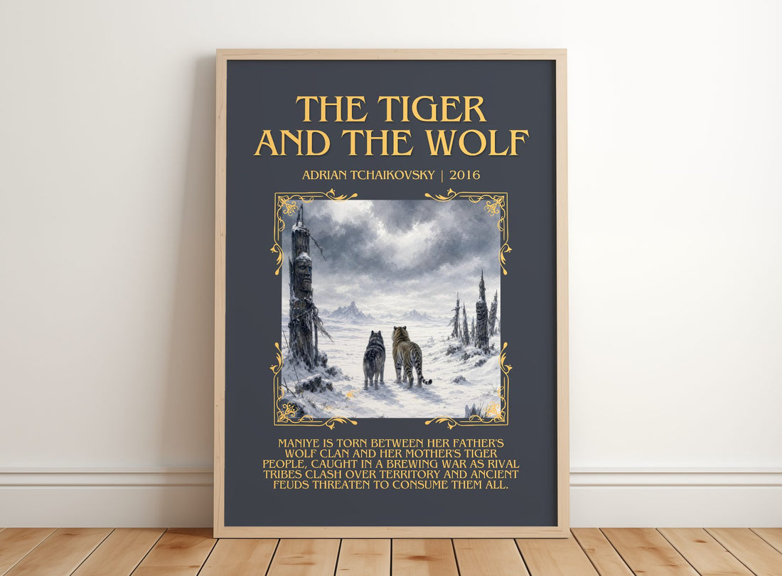 The Tiger and the Wolf Minimalist Book Poster by Adrian Tchaikovsky – framed print leaning on a wooden floor