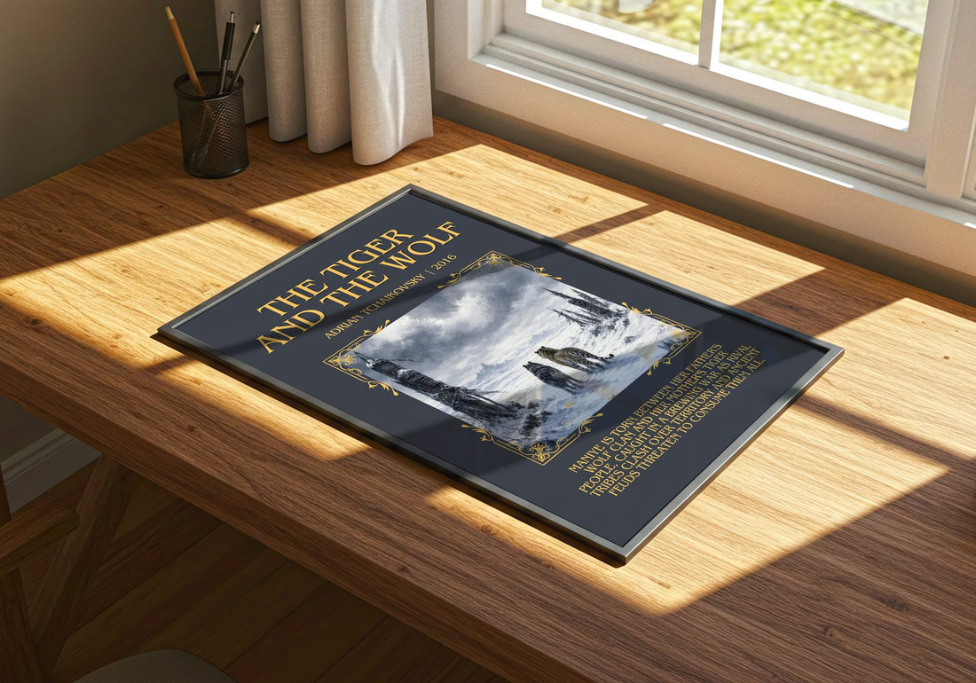 The Tiger and the Wolf Minimalist Book Poster by Adrian Tchaikovsky – print on a sunlit desk
