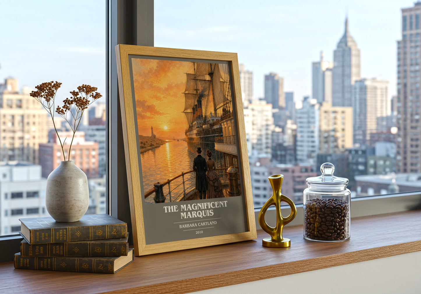 The Magnificent Marquis book cover print framed by window – literary home decor