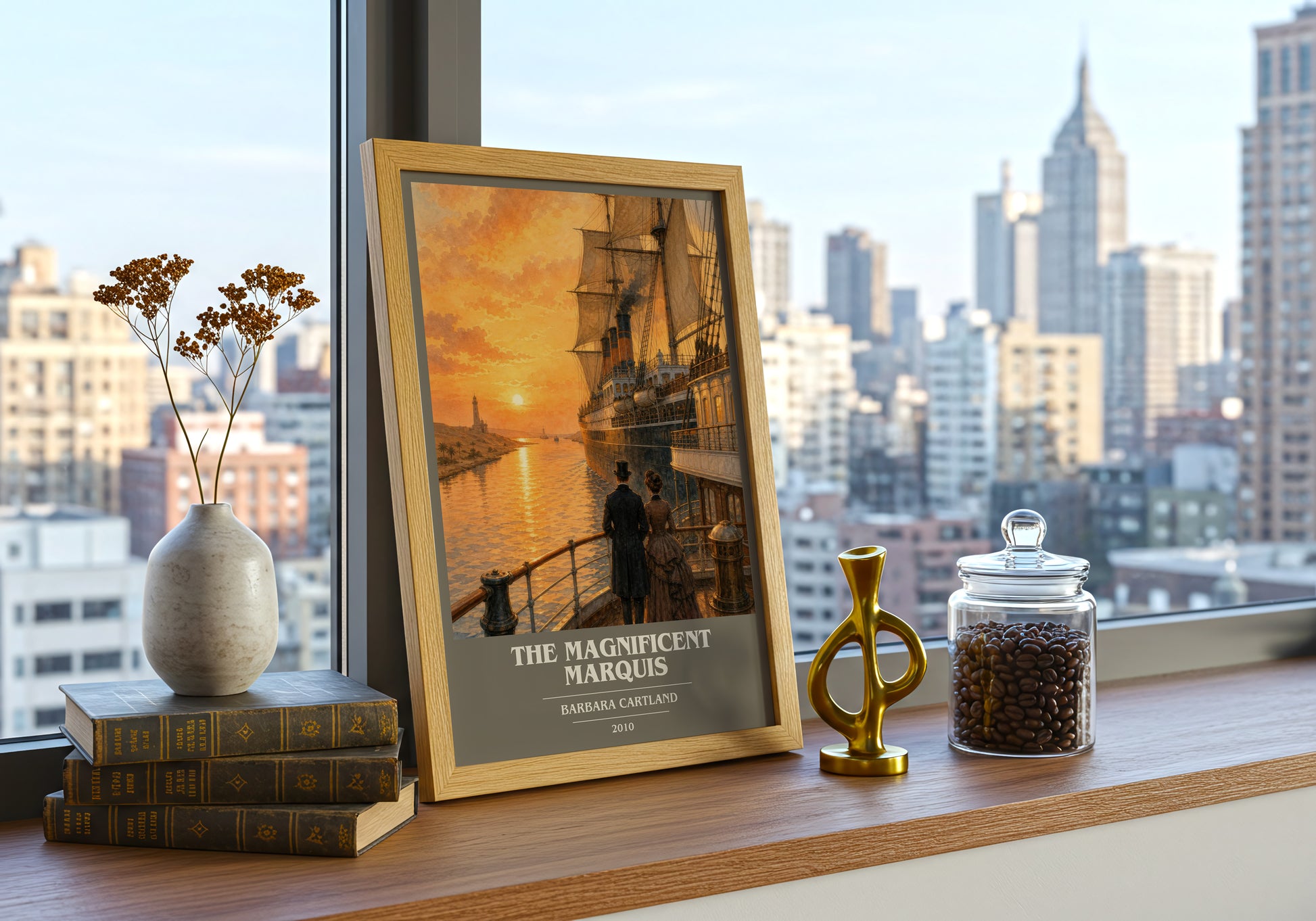 The Magnificent Marquis book cover print framed by window – literary home decor