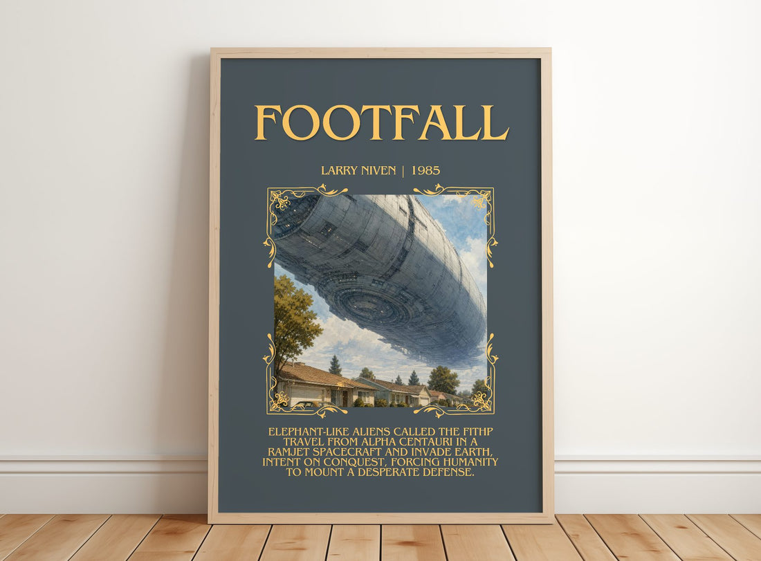 Footfall Minimalist Book Poster by Larry Niven – framed print leaning on a wooden floor
