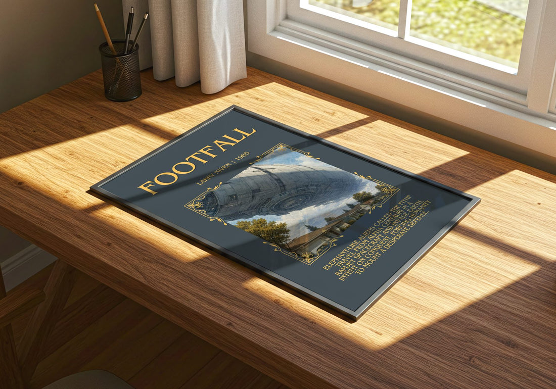 Footfall Minimalist Book Poster by Larry Niven – print on a sunlit desk