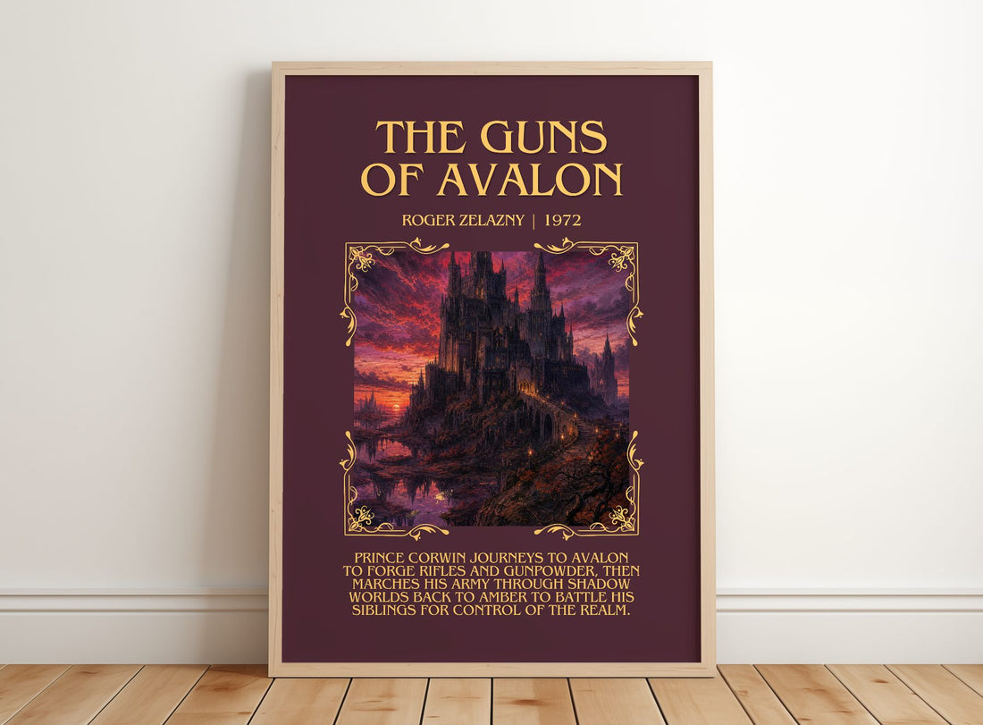 The Guns of Avalon Minimalist Book Poster by Roger Zelazny – framed print leaning on a wooden floor