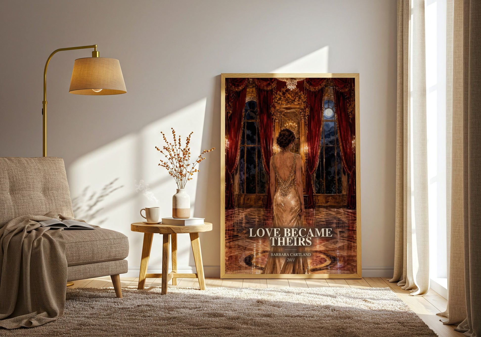 Love Became Theirs watercolour print in frame leaning in hallway – romance wall art