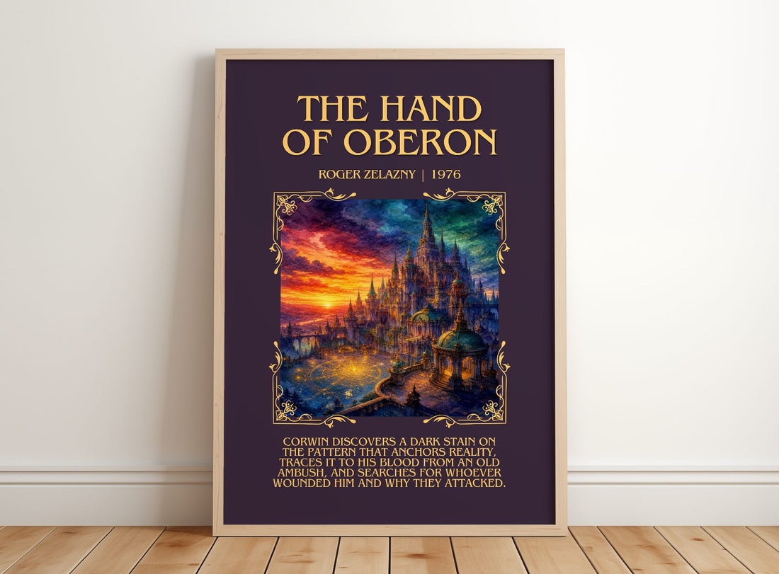 The Hand of Oberon Minimalist Book Poster by Roger Zelazny – framed print leaning on a wooden floor