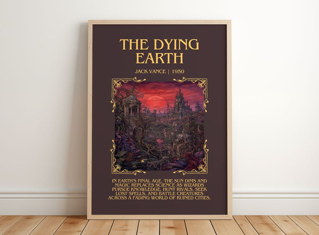 The Dying Earth Minimalist Book Poster by Jack Vance – framed print leaning on a wooden floor