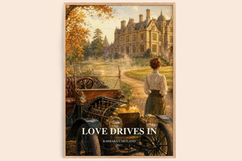 Love Drives In watercolour book poster by Barbara Cartland – framed literary art print