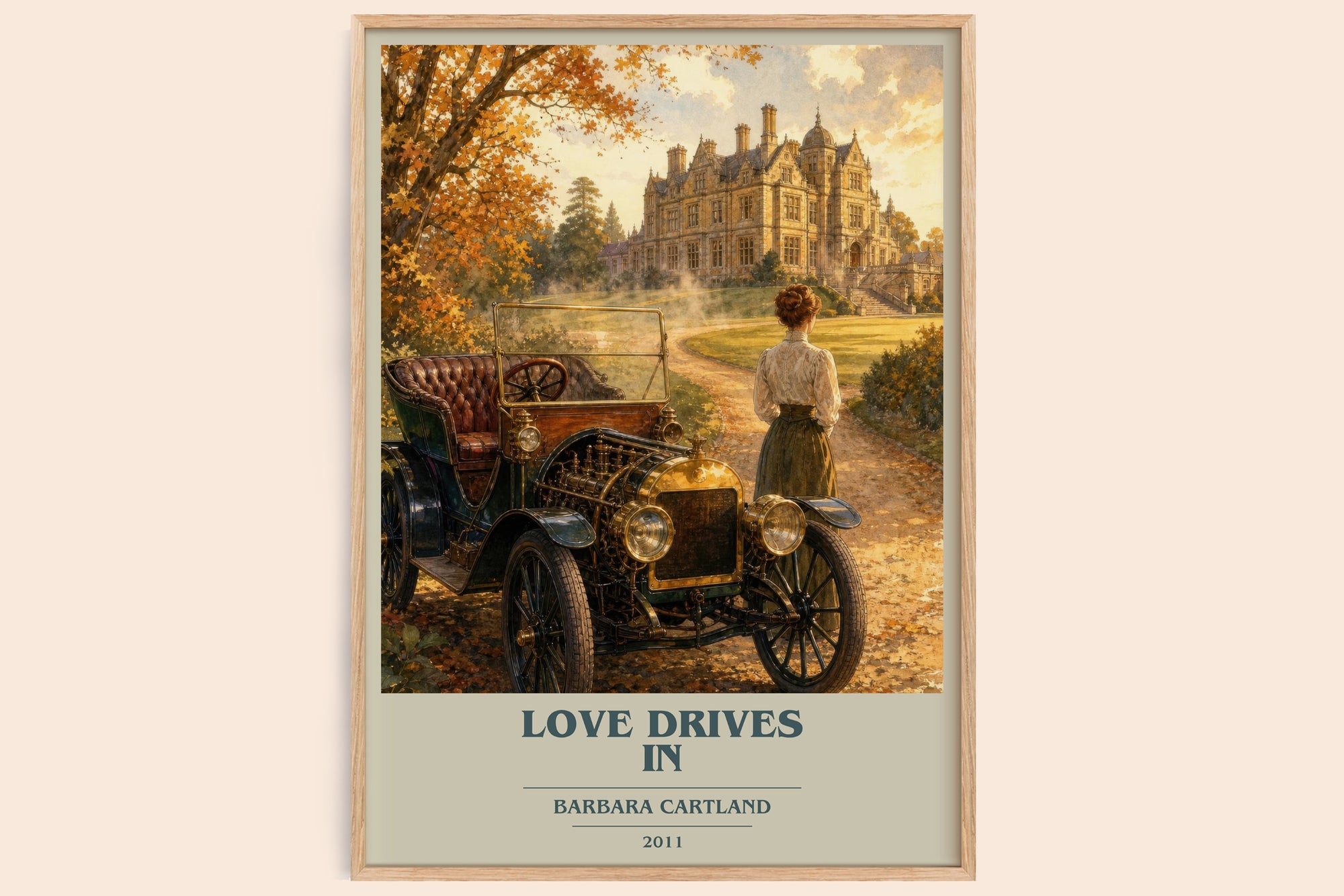 Love Drives In book cover book poster by Barbara Cartland – framed literary art print