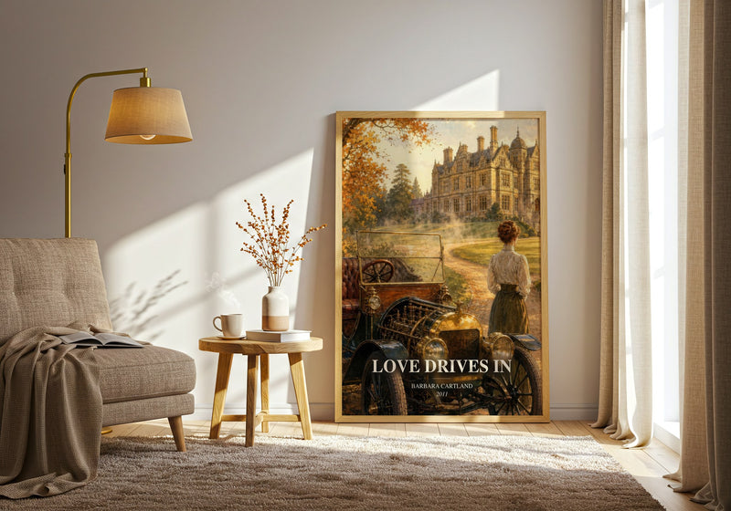Love Drives In watercolour print in frame leaning in hallway – romance wall art