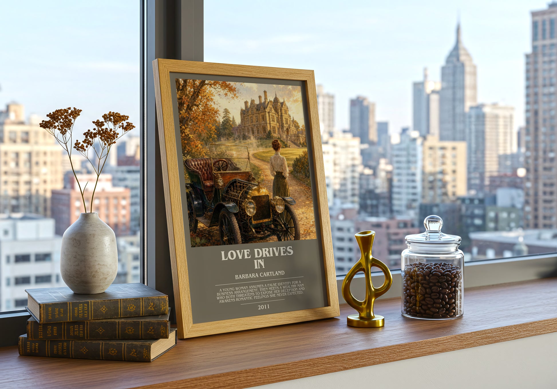 Love Drives In bookish print framed by window – literary home decor