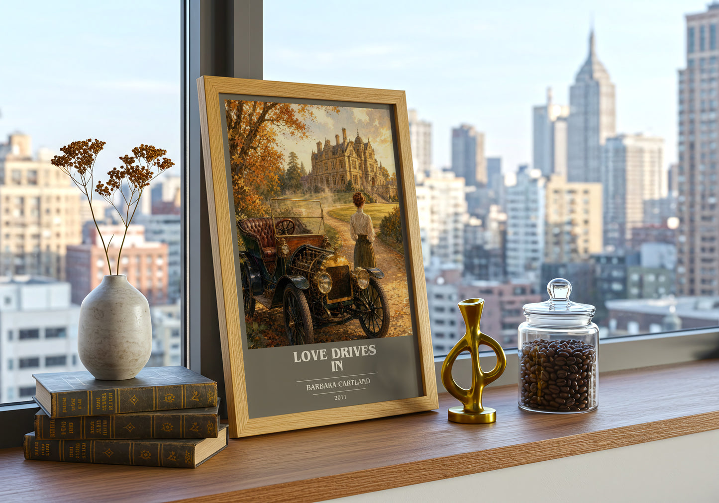 Love Drives In book cover print framed by window – literary home decor