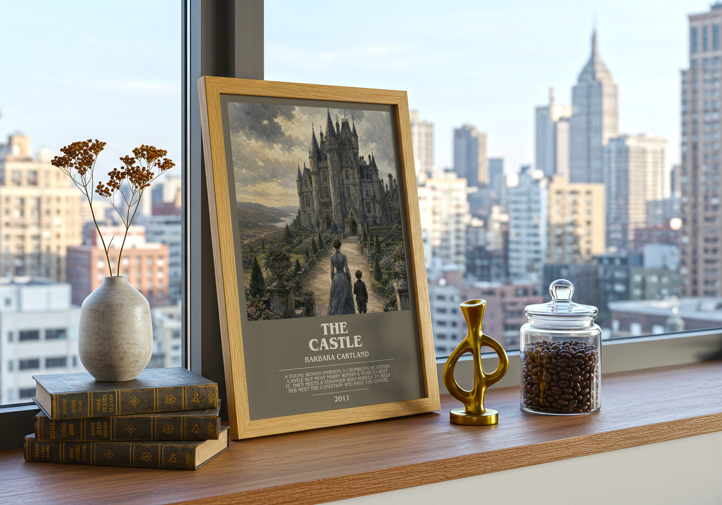 The Castle bookish print framed by window – literary home decor